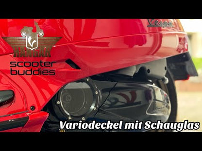 Variodeckel „V1“ BLACK EDITION mit Schauglas (silber/schwarz - Staubschutzeinsatz silber) passend für Vespa GTS/GTS Super/GTV 300ccm HPE (`19-)